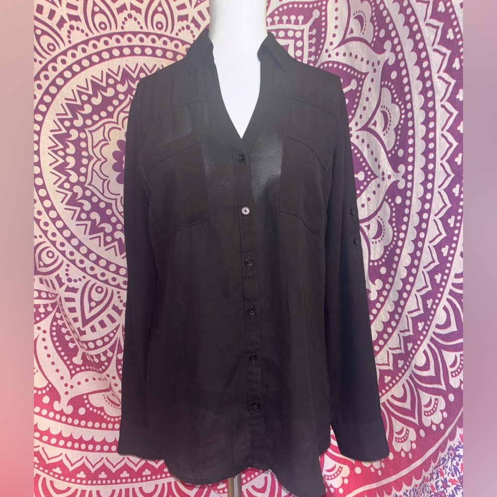 Express Black Sheer V Neck Collared Long Sleeve Button Down Women’s Size Small